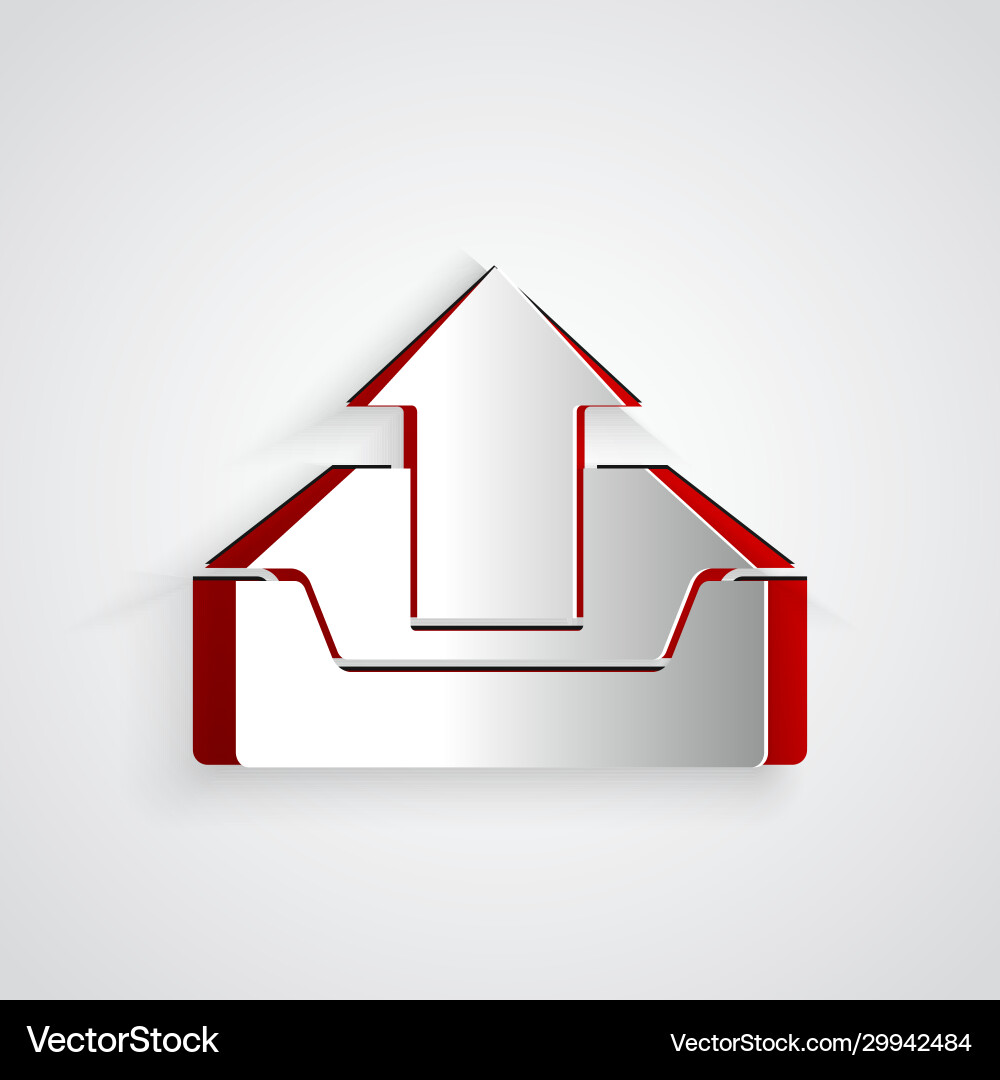 Paper cut upload inbox icon isolated on grey Paper cut upload inbox icon isolated on grey vector image