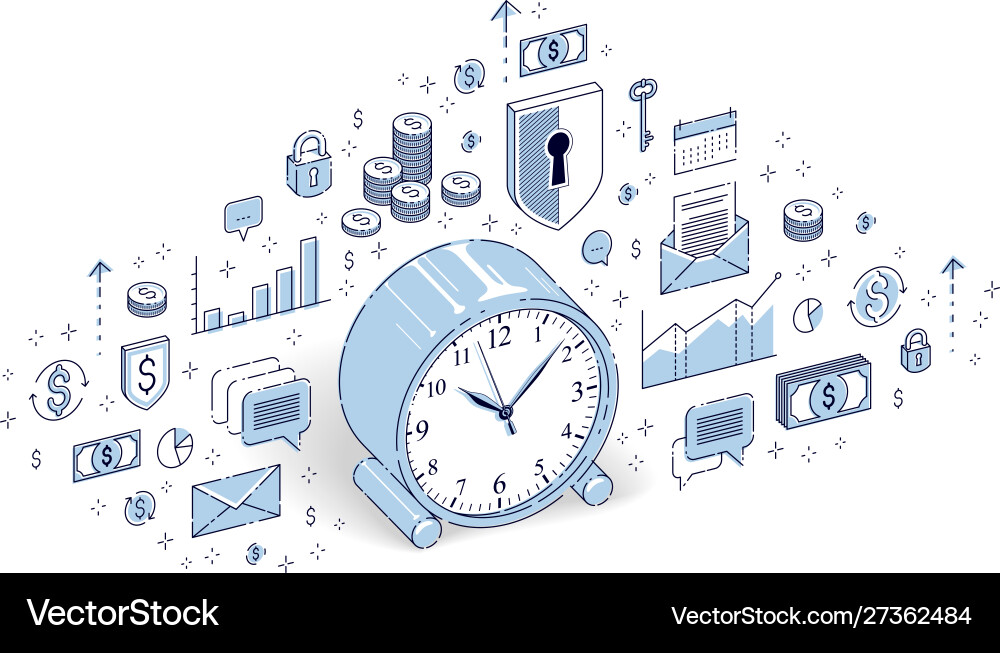 Table alarm clock with lots icons and design Table alarm clock with lots icons and design vector image