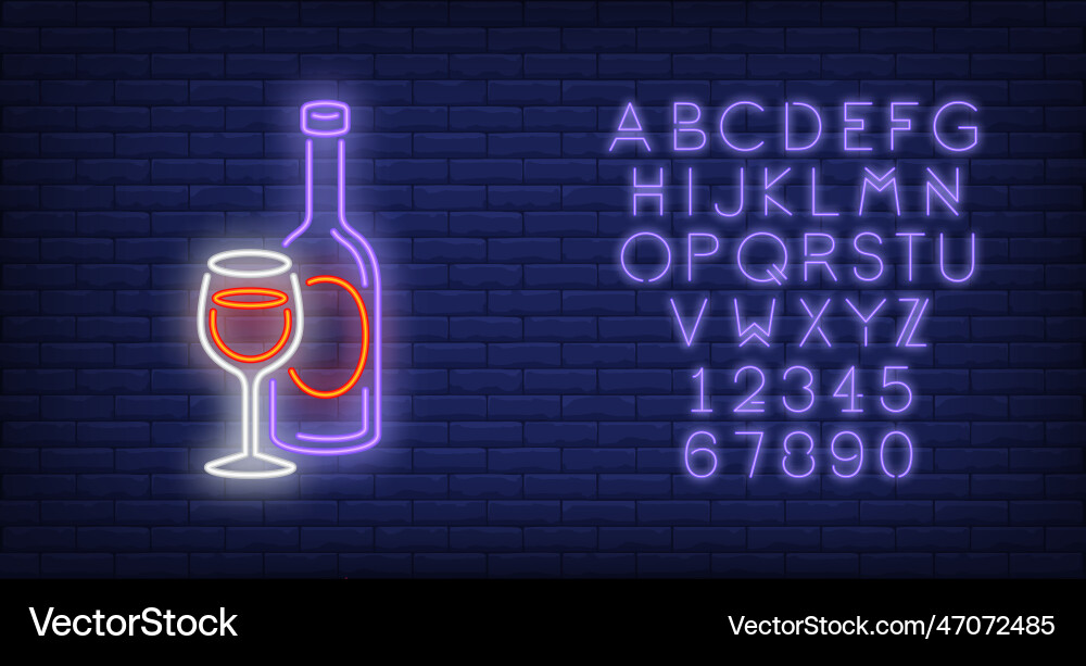 Bottle and glass with red wine neon sign Bottle and glass with red wine neon sign vector image