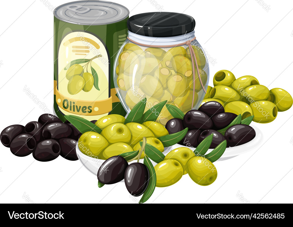 Green olives in glass jar and heap vector image