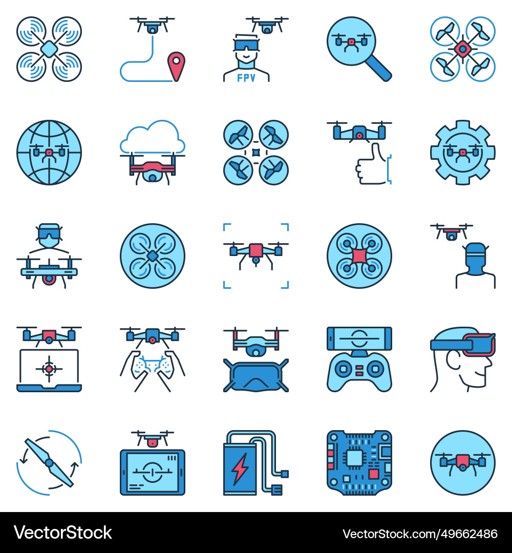 Fpv drone colored icons set and quadcopter Fpv drone colored icons set and quadcopter Vector Image