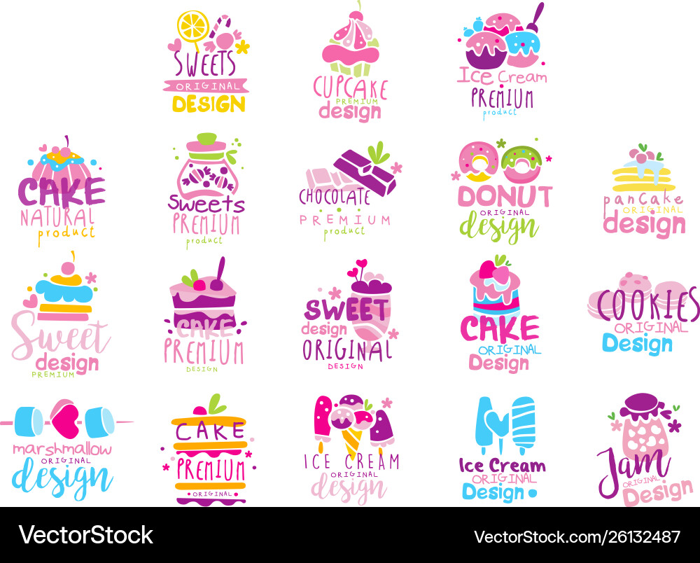 Sweets logo original design set kids menu badges Sweets logo original design set kids menu badges vector image