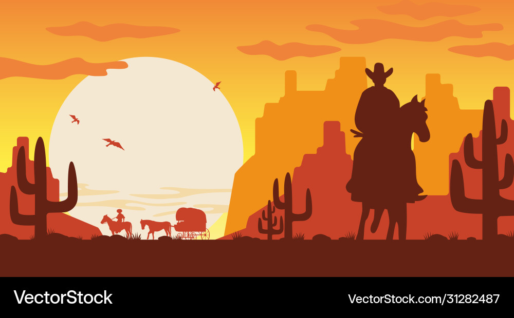 Wild west landscape silhouette cowboy Wild west landscape silhouette cowboy vector image
