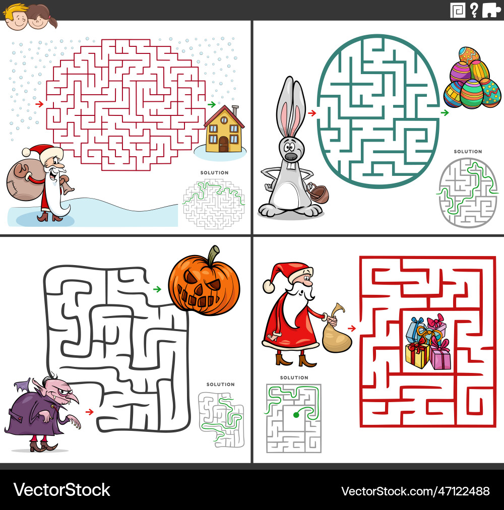 Maze Aktivität Spiele mit lustigen Cartoon gesetzt Maze Aktivität Spiele mit lustigen Cartoon gesetzt vektorbild
