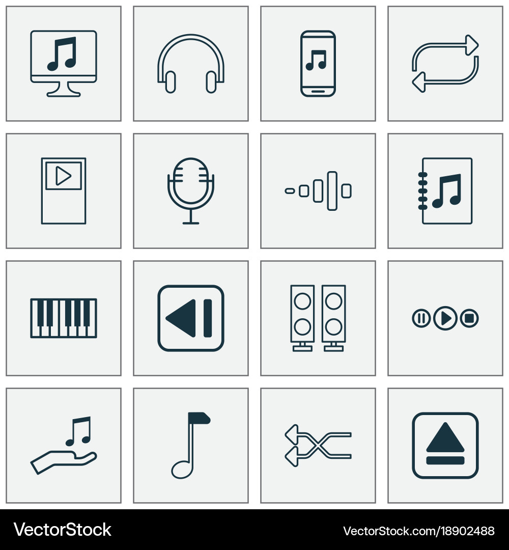 Music icons set with note donate display tune vector image