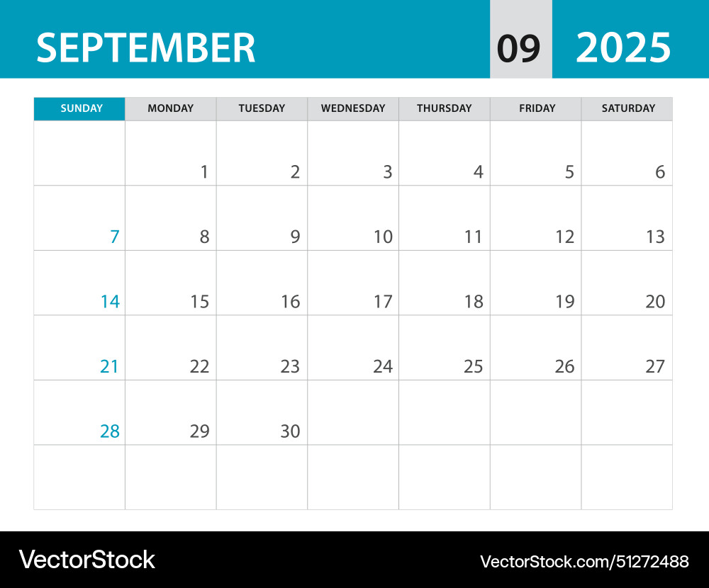 September 2025 template - calendar Royalty Free Vector Image