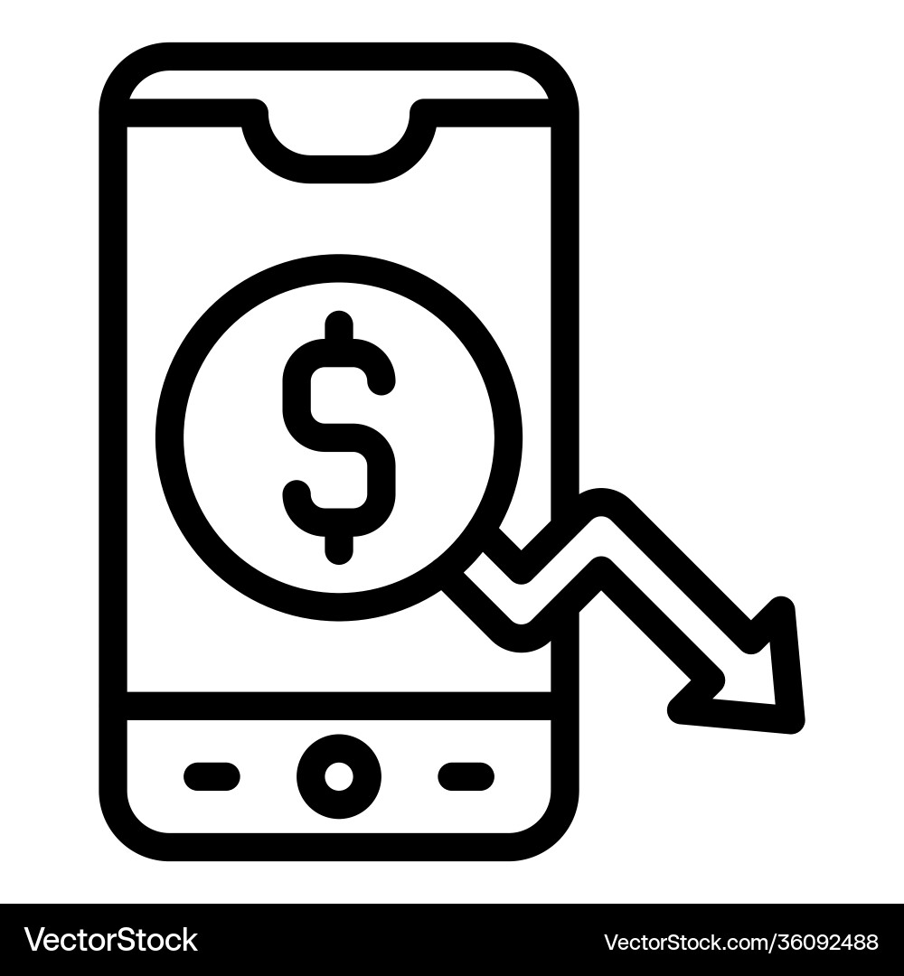 Smartphone with coin and decrease arrow on screen Smartphone with coin and decrease arrow on screen vector image