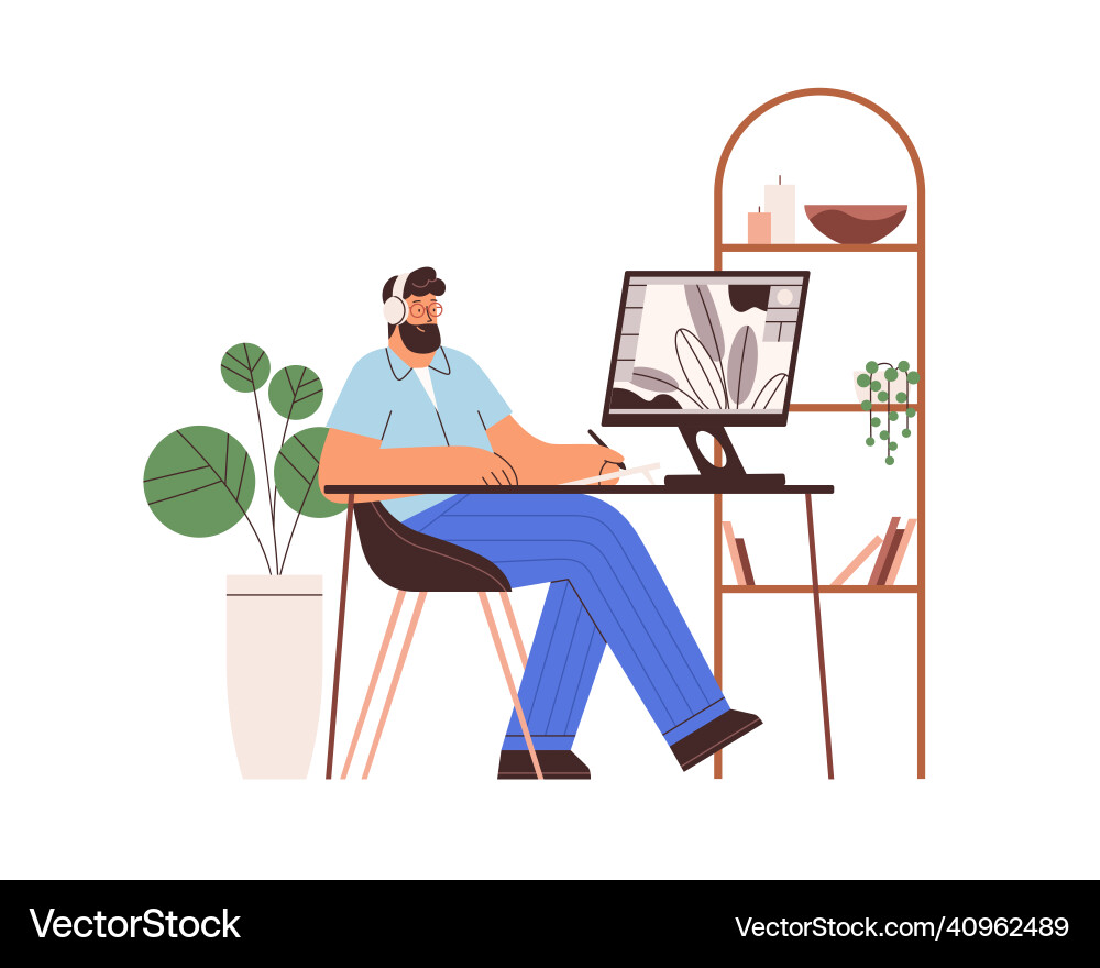 Graphic designer work at desk with computer Graphic designer work at desk with computer vector image