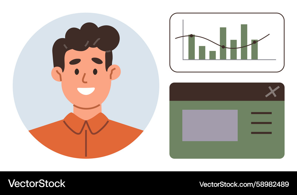 Smiling professional with bar graph and dashboard Smiling professional with bar graph and dashboard Vector Image