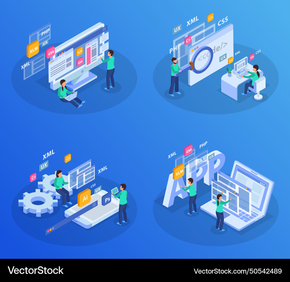 Web development isometric concept Web development isometric concept vector image