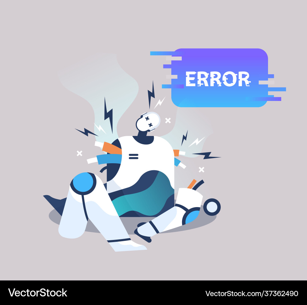 Broken robot showing error artificial intelligence Broken robot showing error artificial intelligence vector image