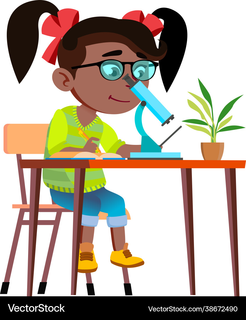 Girl scientist researching with microscope vector image