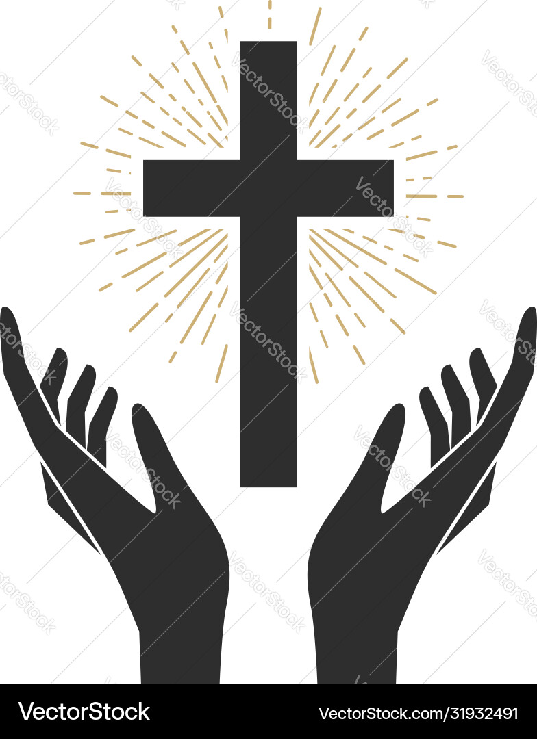 Hands with shining holy cross design element Hands with shining holy cross design element vector image