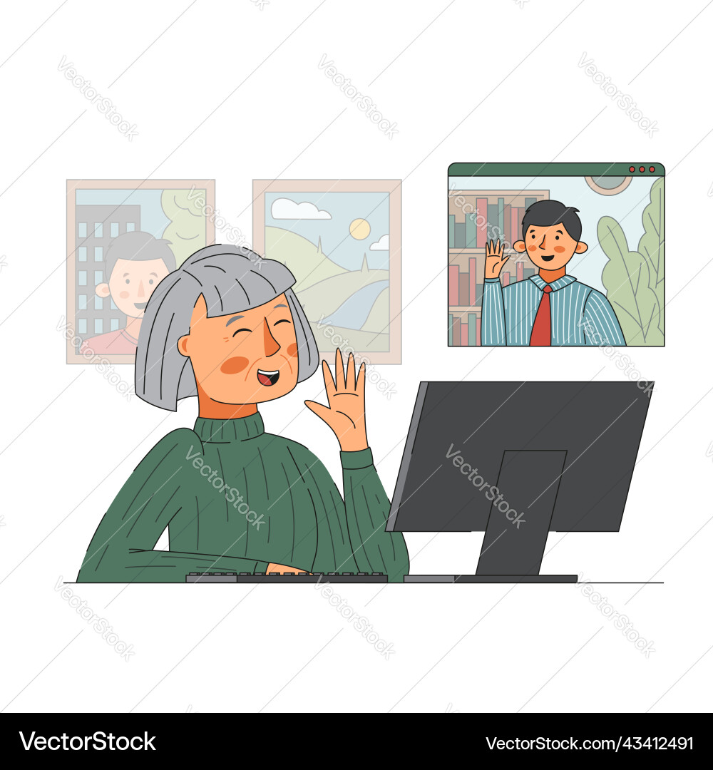 Senior Frauen sprechen online mit Sohn auf Computer Senior Frauen sprechen online mit Sohn auf Computer vektorbild