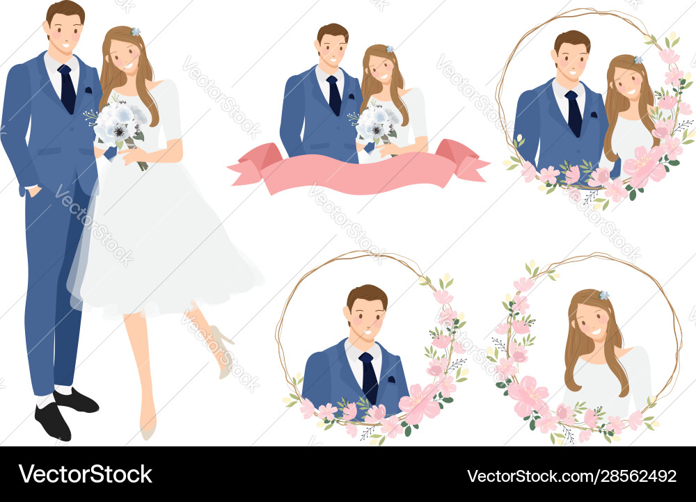 Cute cartoon young wedding couple wreath logo Cute cartoon young wedding couple wreath logo vector image