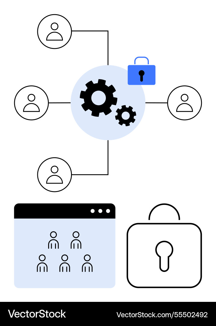 Network diagram with user icons gears and locks Vector Image