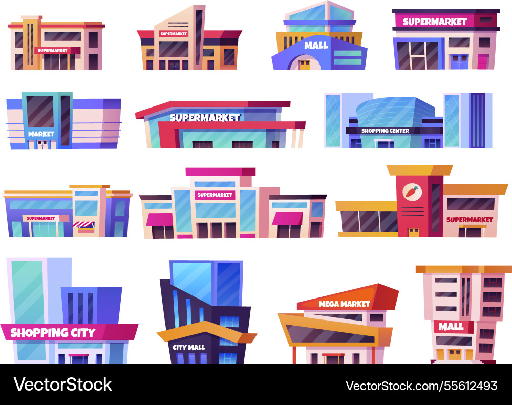 Cartoon mall buildings shopping centers Cartoon mall buildings shopping centers vector image