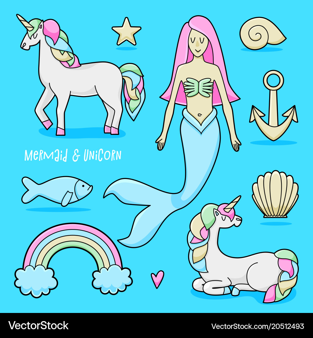 Colorful Unicorn & Mermaid Fantasy Set Vector Image