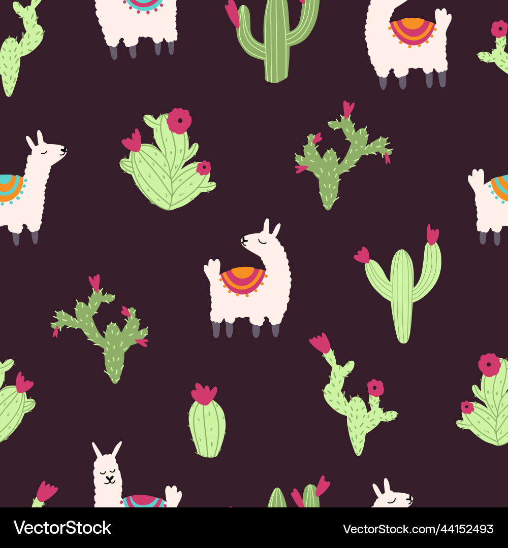 Seamless pattern with alpaca lama and cactus Seamless pattern with alpaca lama and cactus vector image