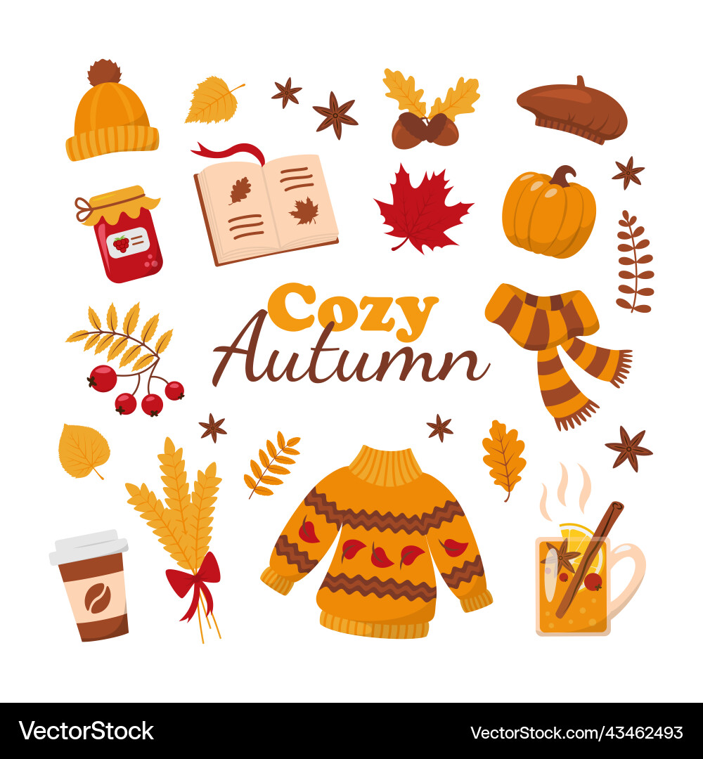 Set of cozy autumn elements Set of cozy autumn elements vector image