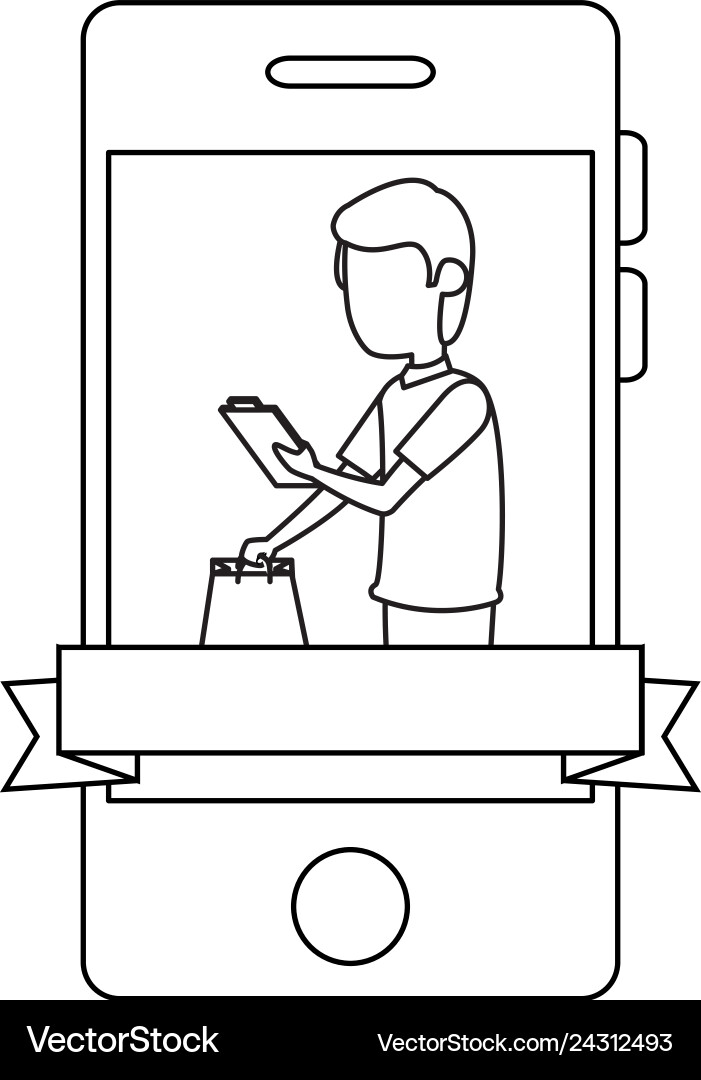 Smartphone with delivery worker shopping bag Smartphone with delivery worker shopping bag vector image