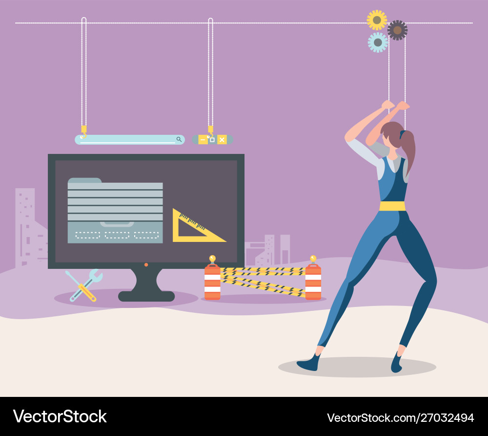Builders and desktop with webpage under Builders and desktop with webpage under Vector Image