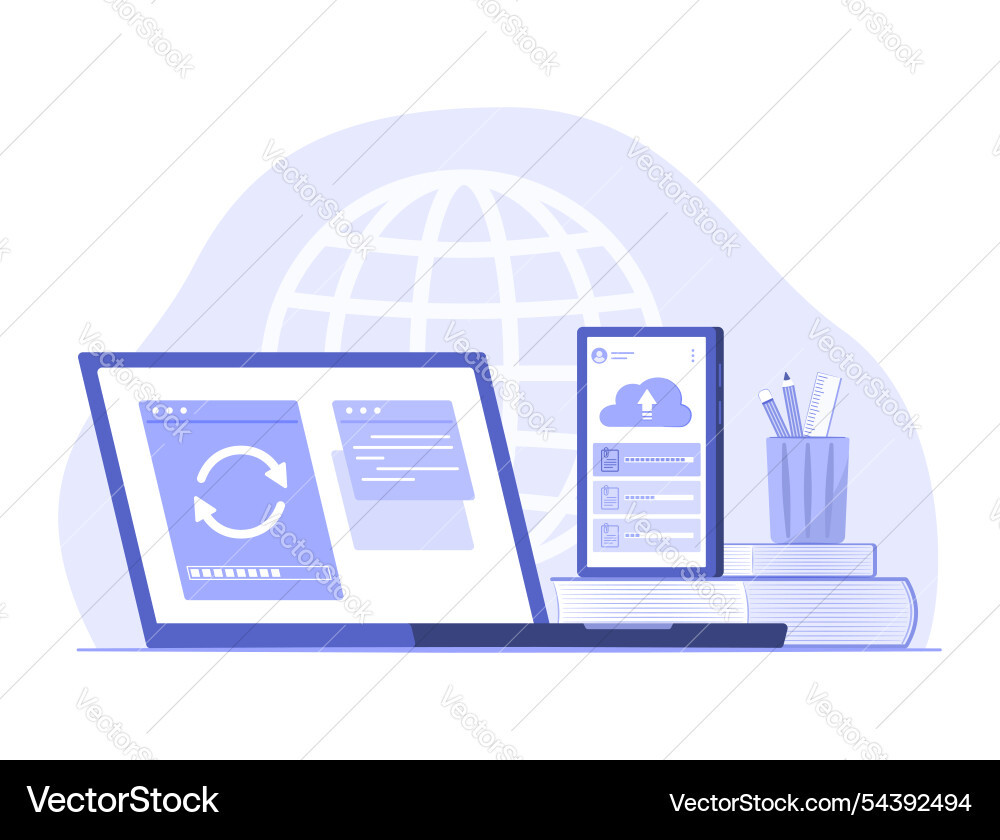 Laptop-Computer synchronisieren Datendateien mit Smartphone Laptop-Computer synchronisieren Datendateien mit Smartphone vektorbild
