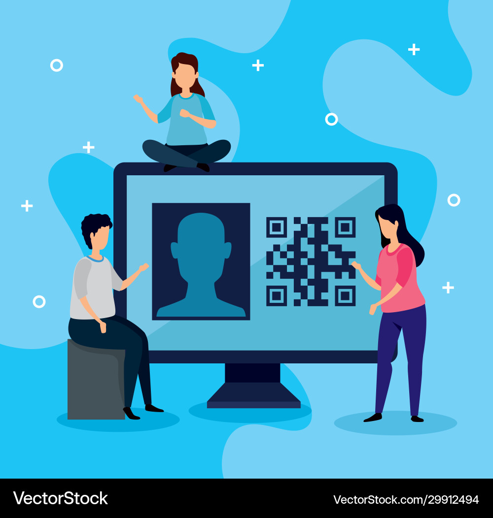 Scan-Code qr mit Computer und Geschäftsleuten Scan-Code qr mit Computer und Geschäftsleuten Vektorbild