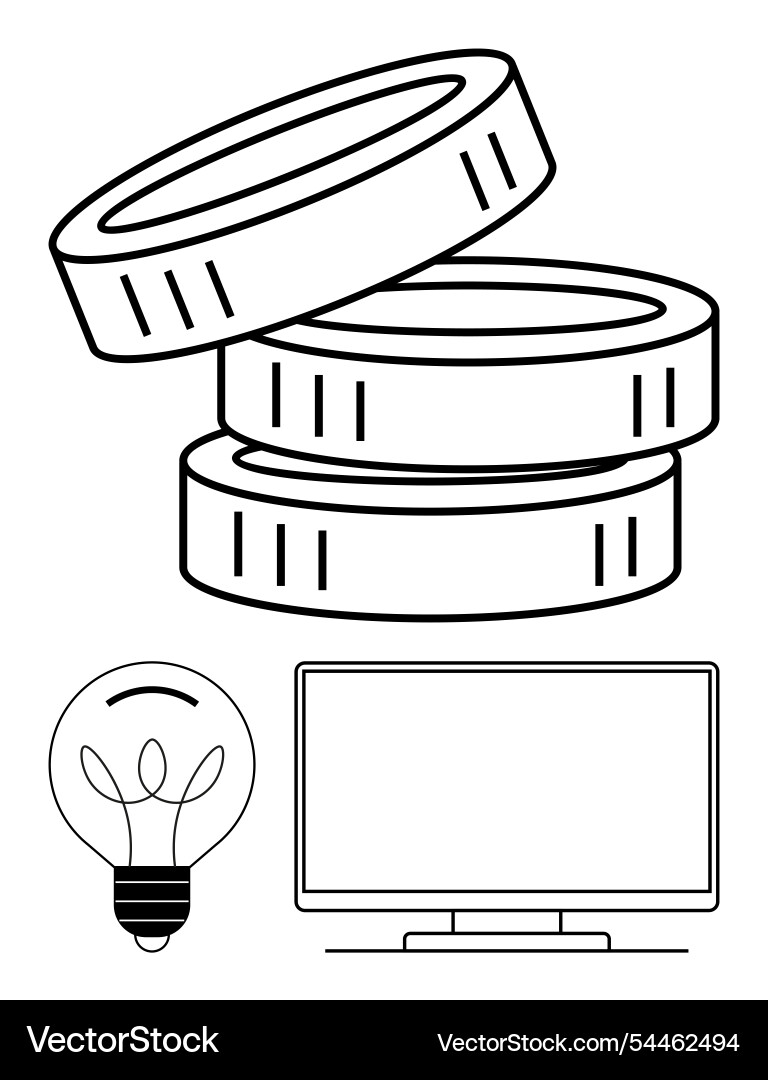 Stack of coins light bulb and computer screen Vector Image
