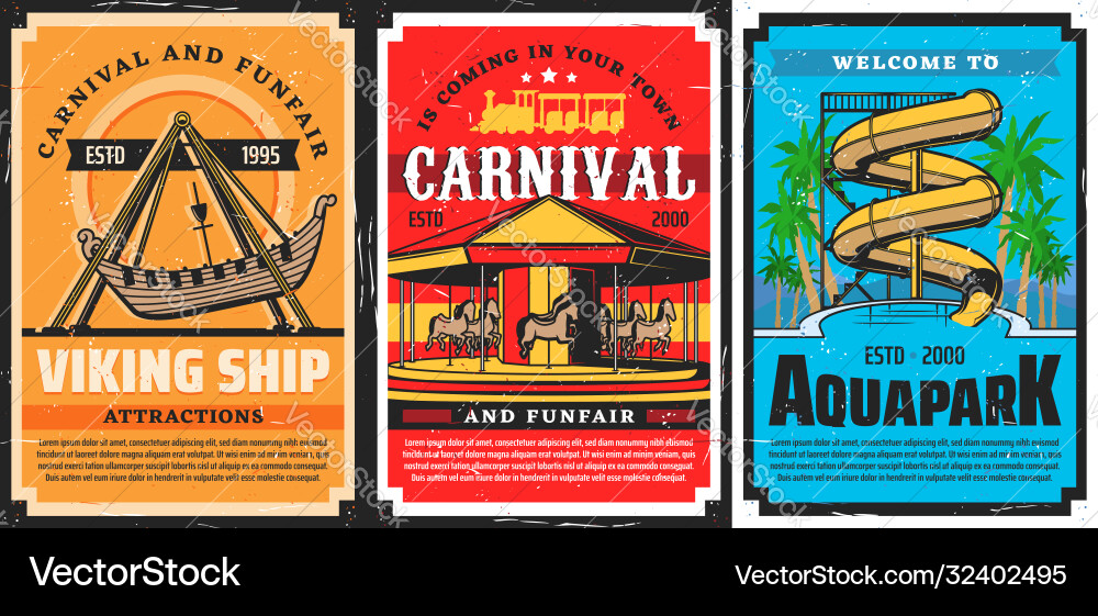 Amusement park carousels viking ship water slides Amusement park carousels viking ship water slides vector image