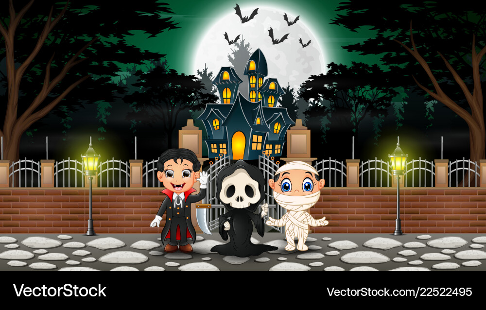 Kids in Halloween Costumes - Spooky Scene vector image