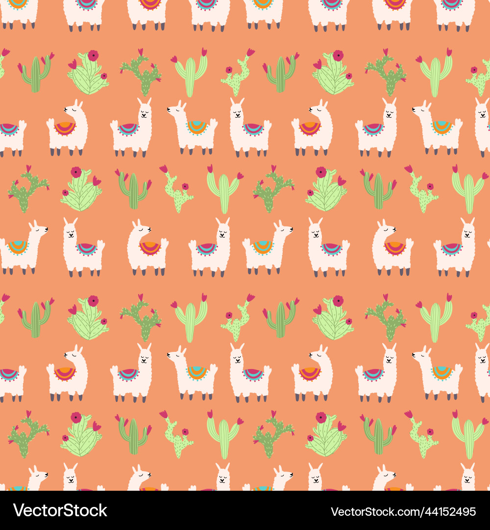Lama alpaca seamless pattern with cactus Vector Image