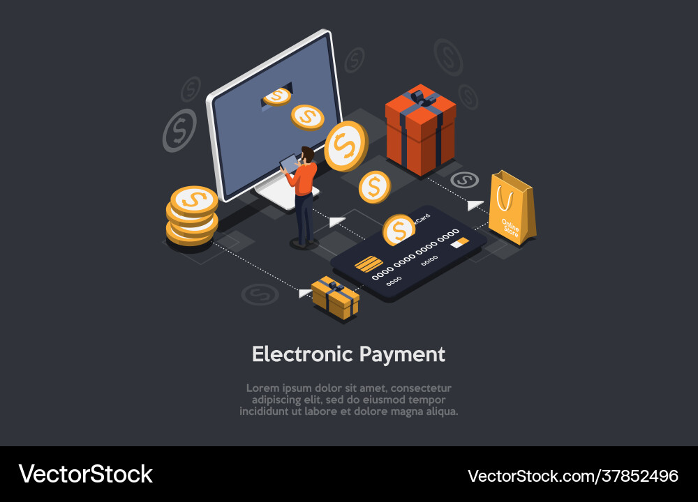 Isometric composition on dark background with text Isometric composition on dark background with text vector image