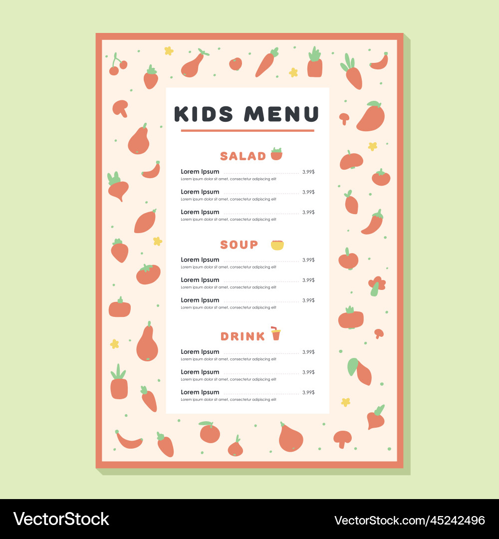 Kids menu meal template healthy vegetables Kids menu meal template healthy vegetables vector image