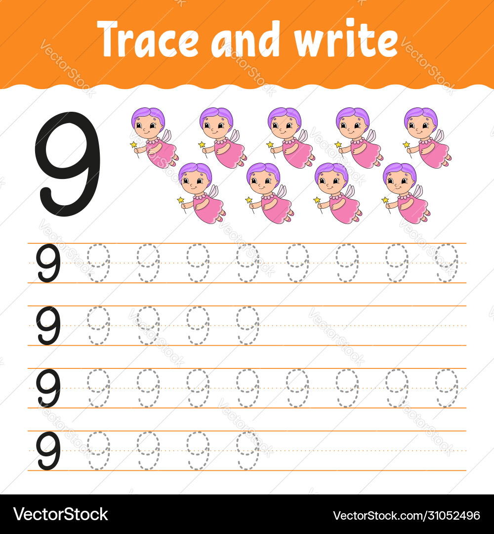 Trace and write number 9 handwriting practice Vector Image