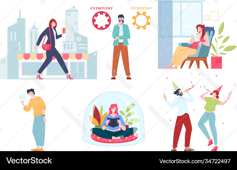 Collection cartoon extravert and introvert Collection cartoon extravert and introvert Vector Image
