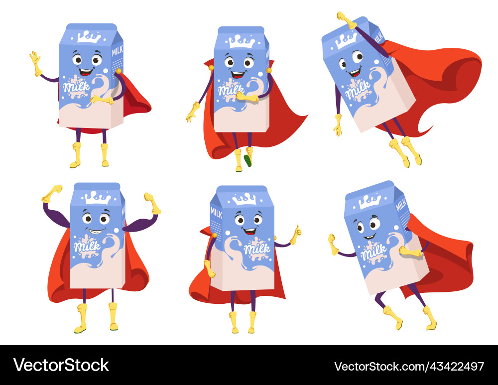 Cute milk cardboard box mascot set vector image