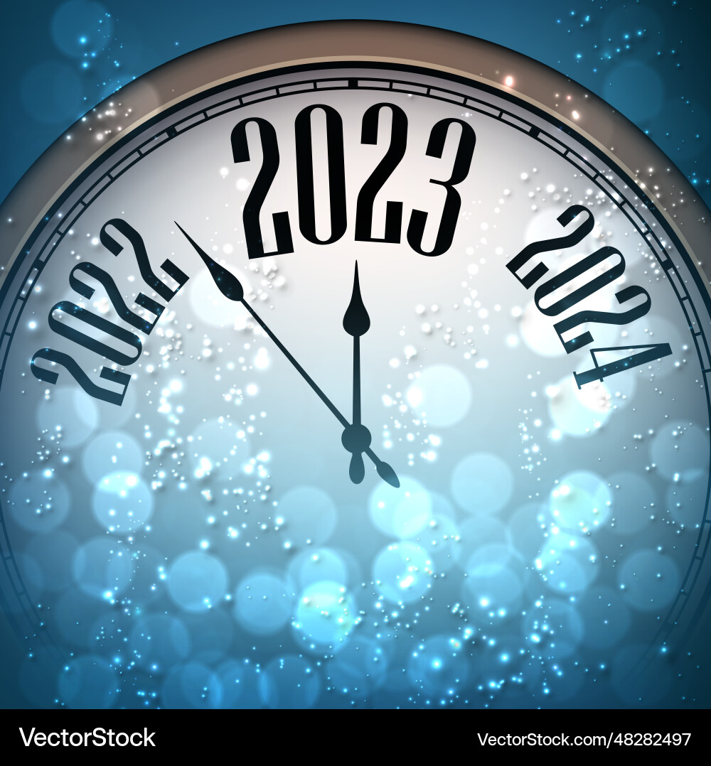 Half hidden clock showing 2023 with blue bokeh Half hidden clock showing 2023 with blue bokeh vector image