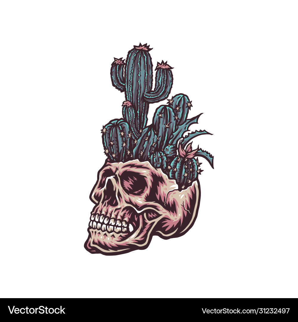 Hand Drawn Skull with Cactus Vector Image