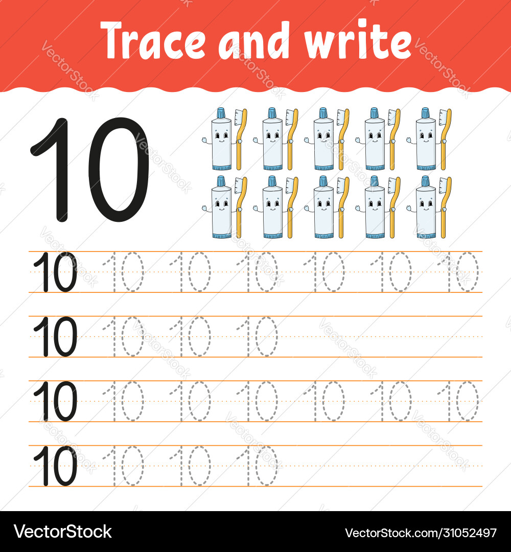 Trace and write number 10 handwriting practice Trace and write number 10 handwriting practice vector image