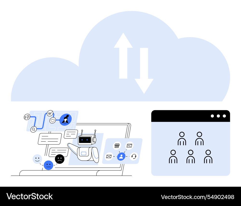 Cloud-based collaboration with ai chatbot and user Cloud-based collaboration with ai chatbot and user vector image