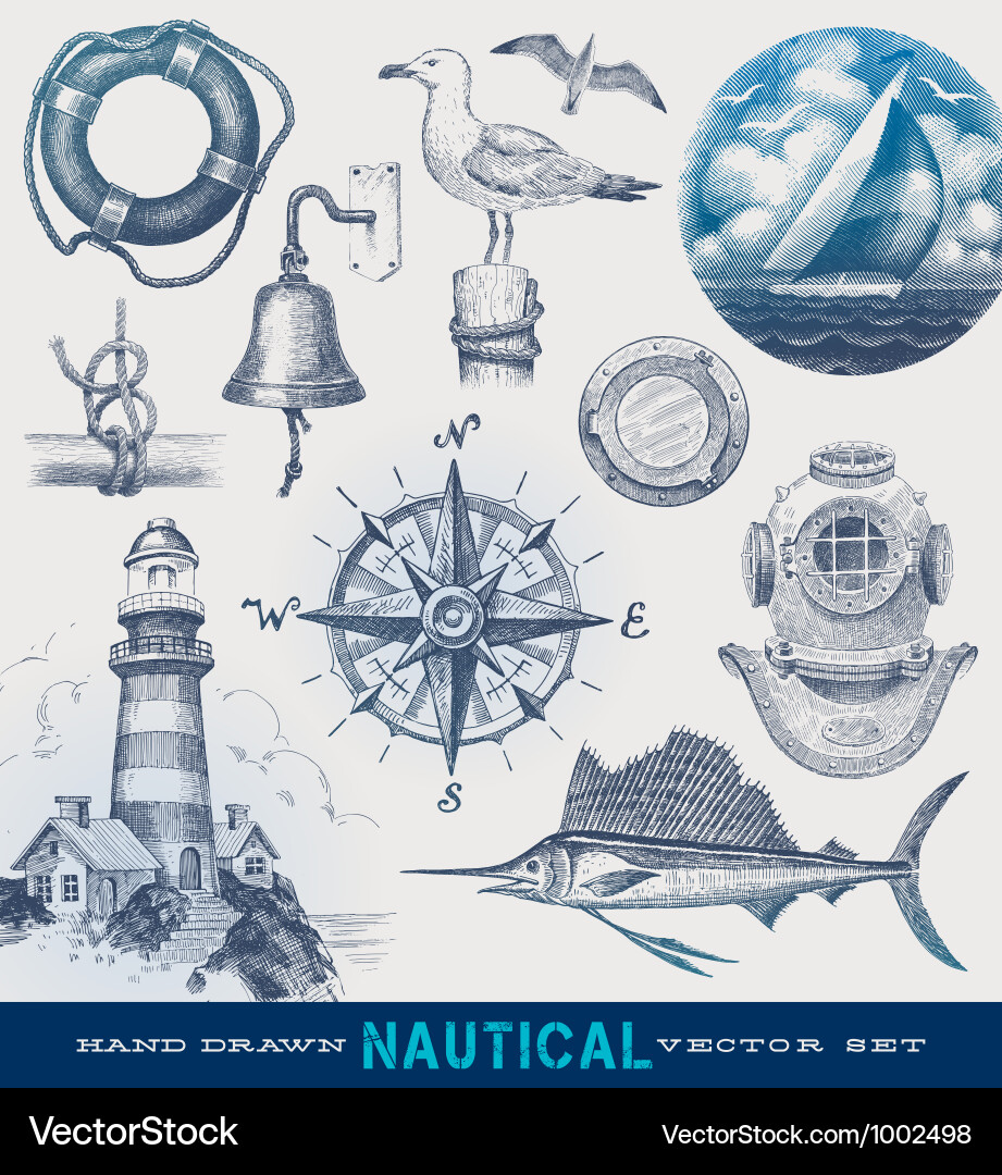 Nautical Hand Drawn Set - Maritime Elements vector image