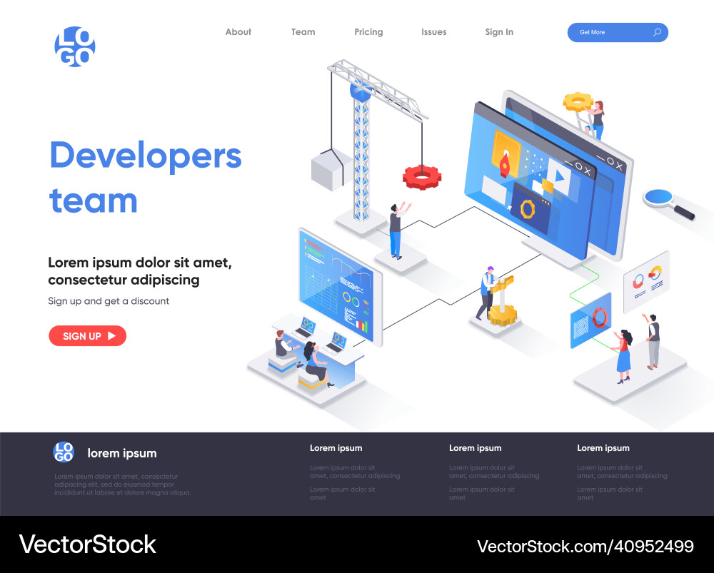 Developers team isometric landing page Developers team isometric landing page vector image