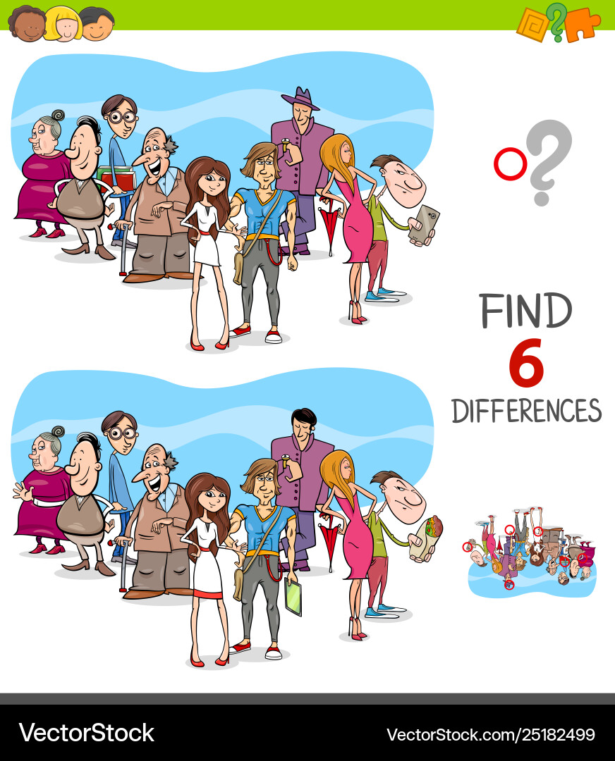 Find differences game with people characters Find differences game with people characters Vector Image
