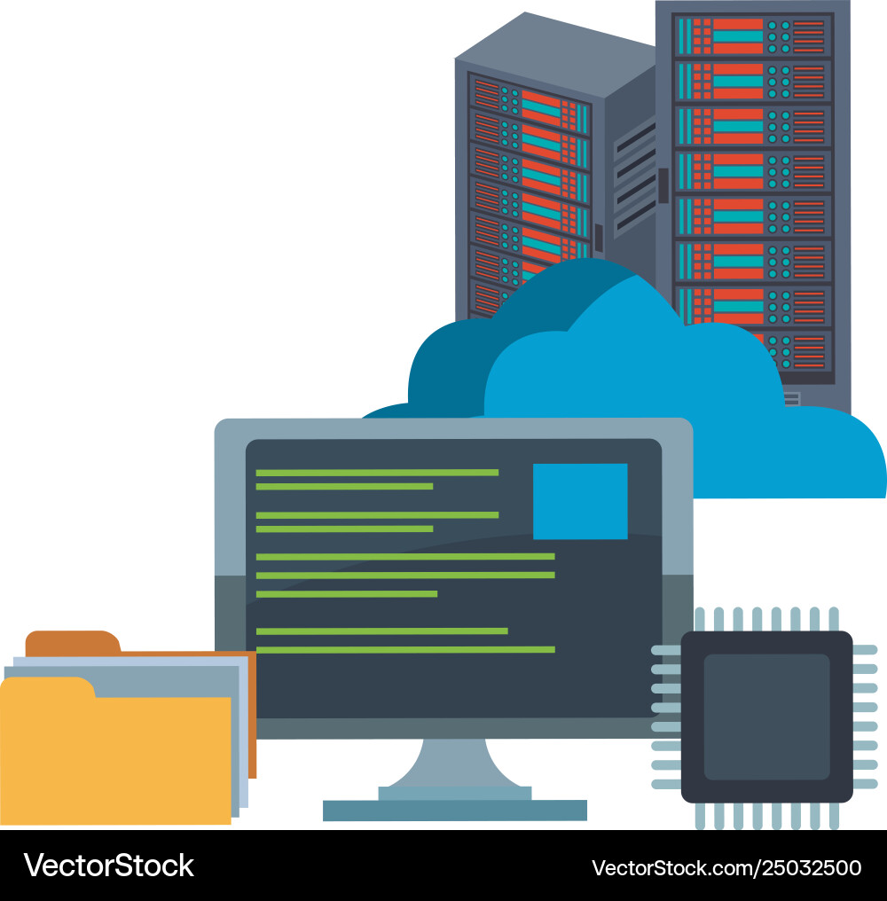 Computer with storage and microchip vector image