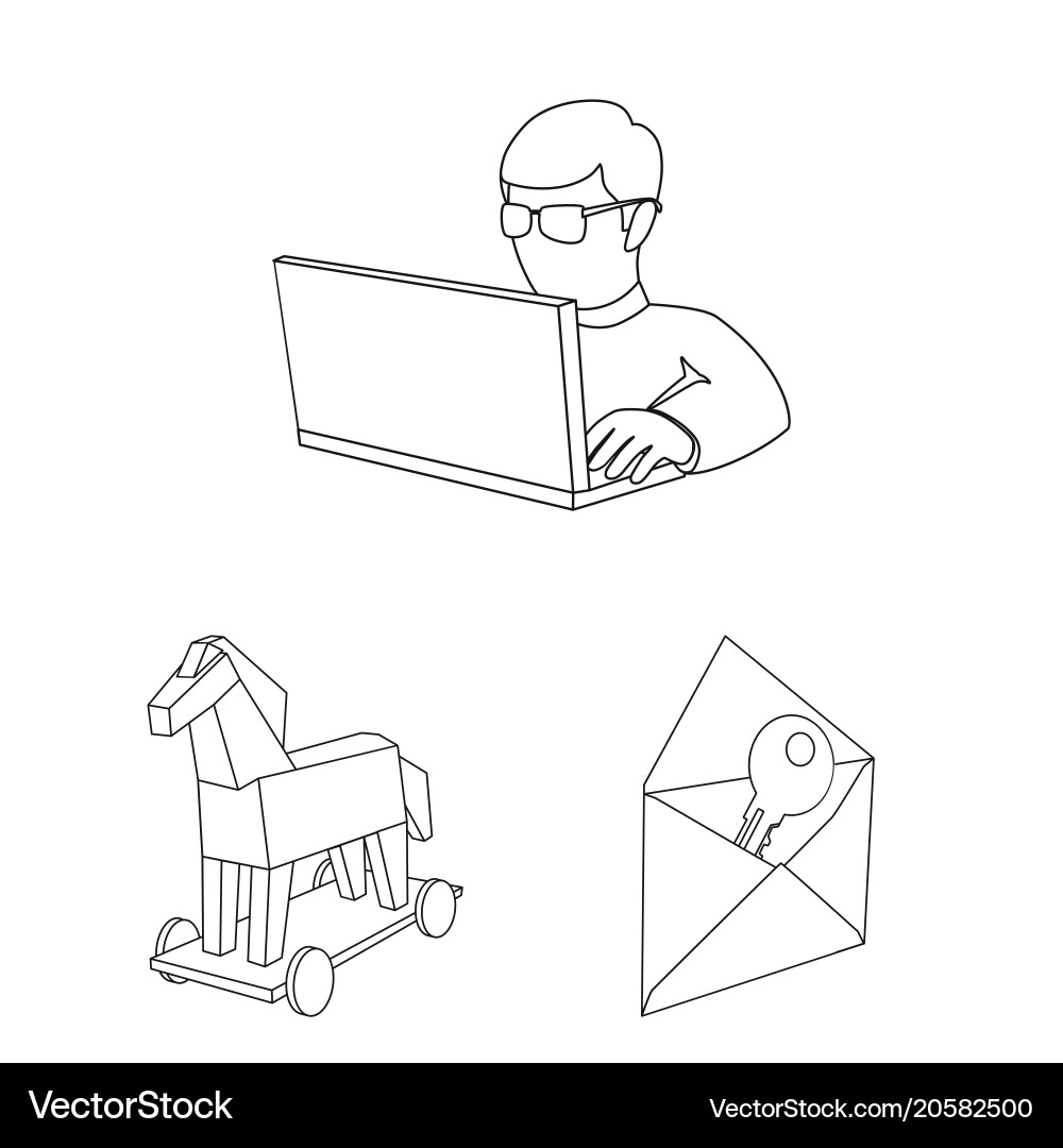 Hacker and hacking outline icons in set collection vector image