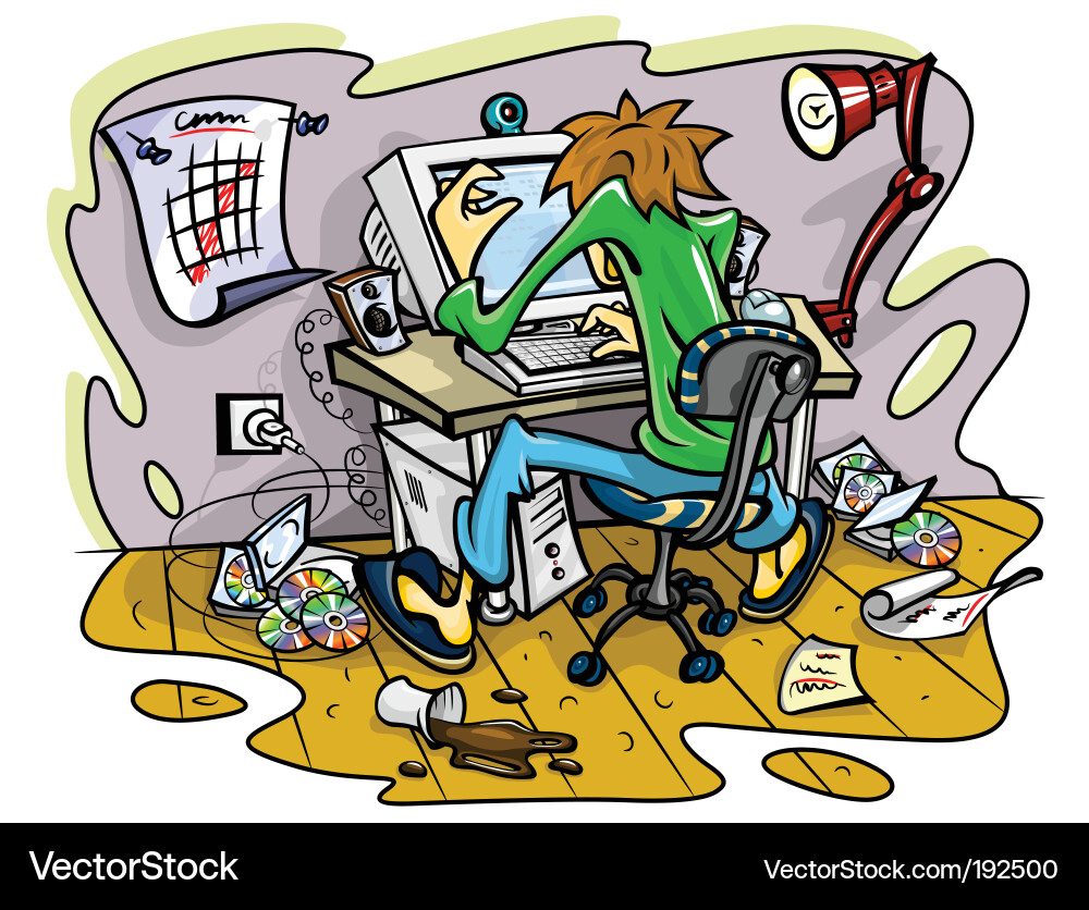 Man Working on Computer in a Messy Office vector image