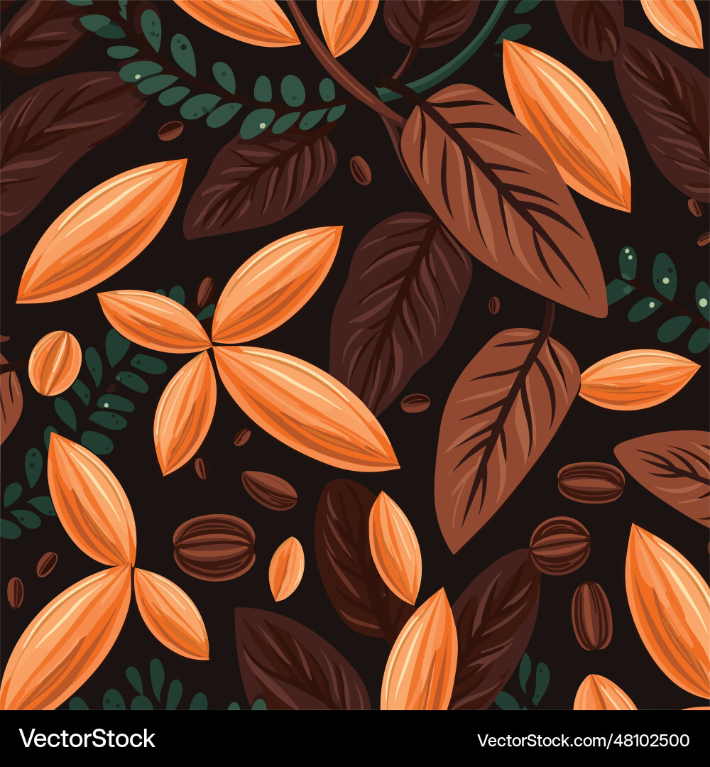 Whole cocoa grain with leaves modern style pattern Whole cocoa grain with leaves modern style pattern Vector Image