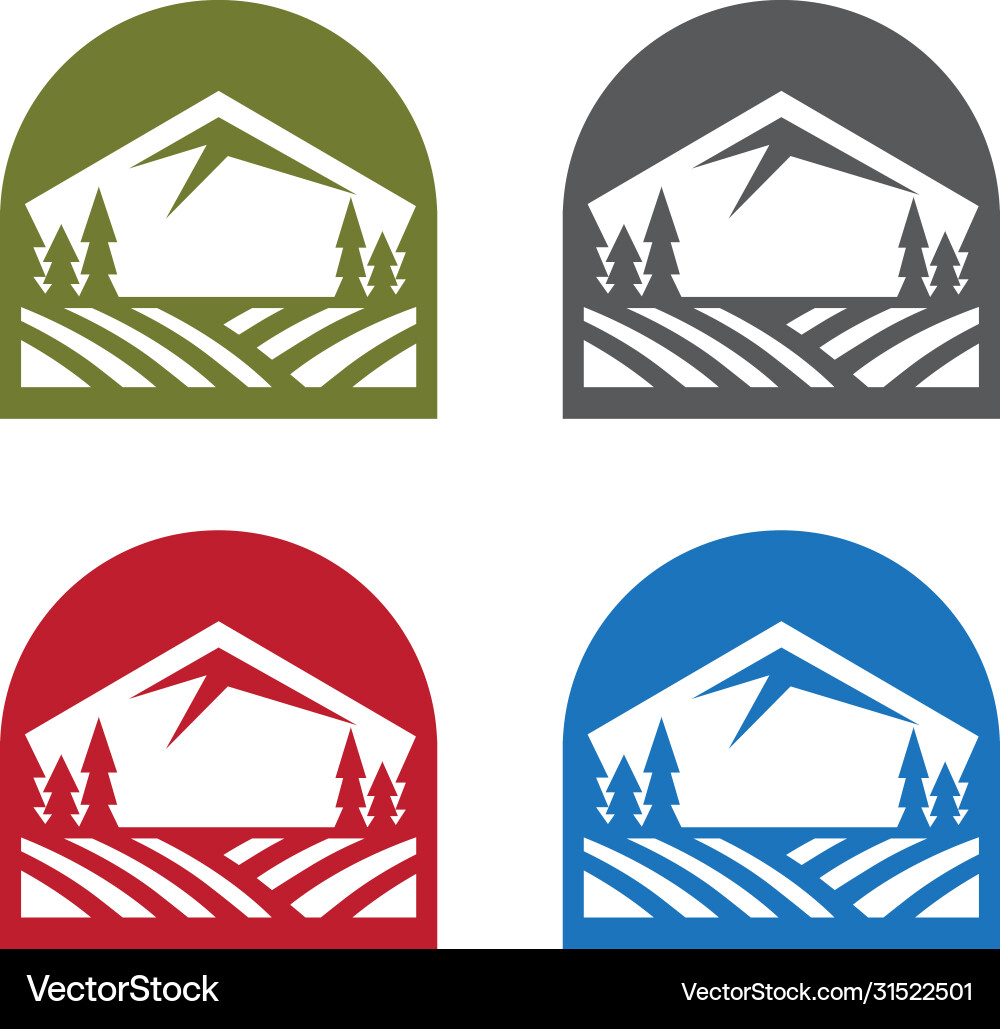 Emblems set with mountains trees and field Emblems set with mountains trees and field Vector Image