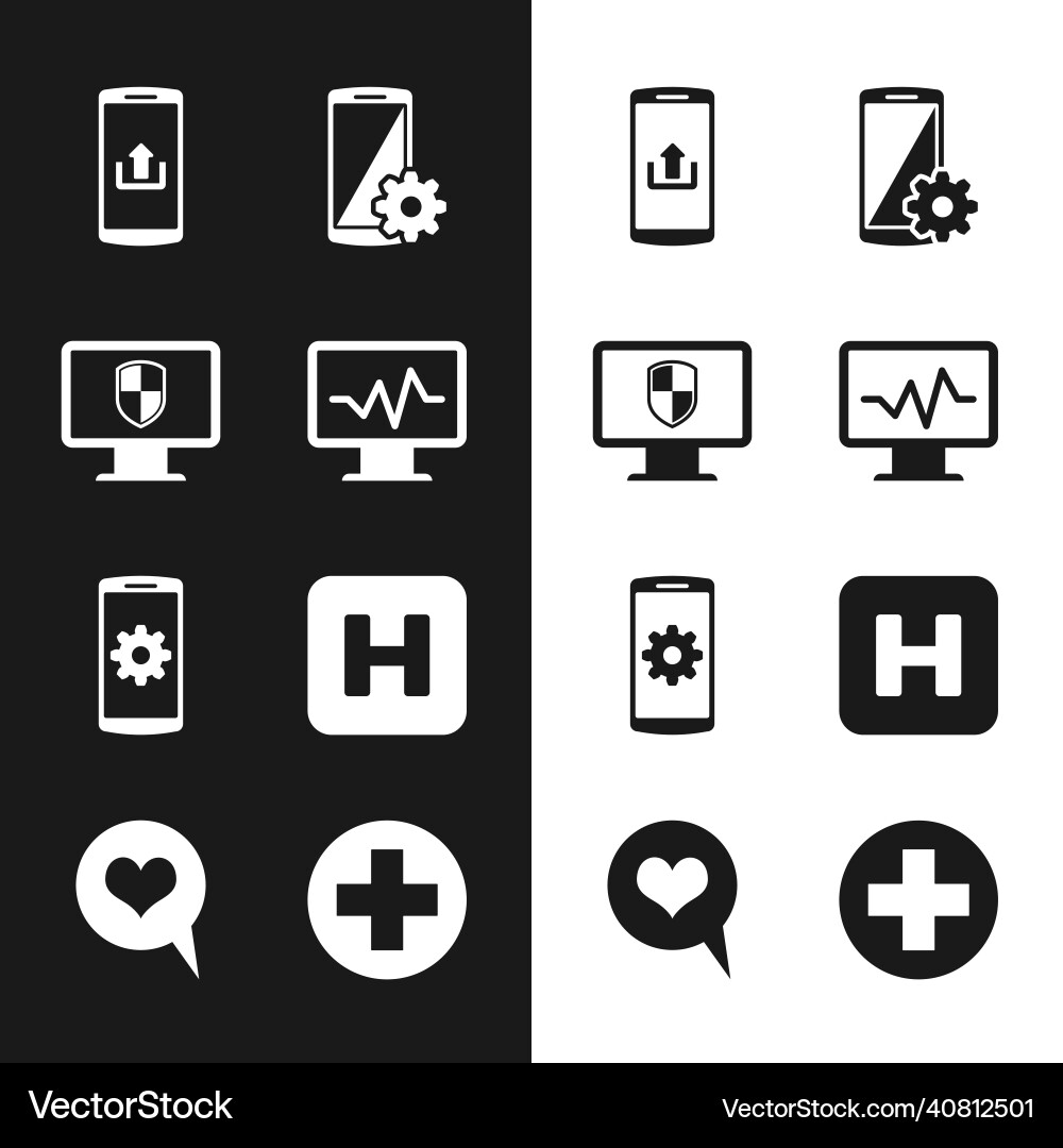 Set monitor with cardiogram and shield Vector Image